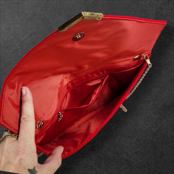 Red Velvet Envelope Clutch Purse Gold Chain Strap Evening Bag Wedding Party - Picture 5 of 8